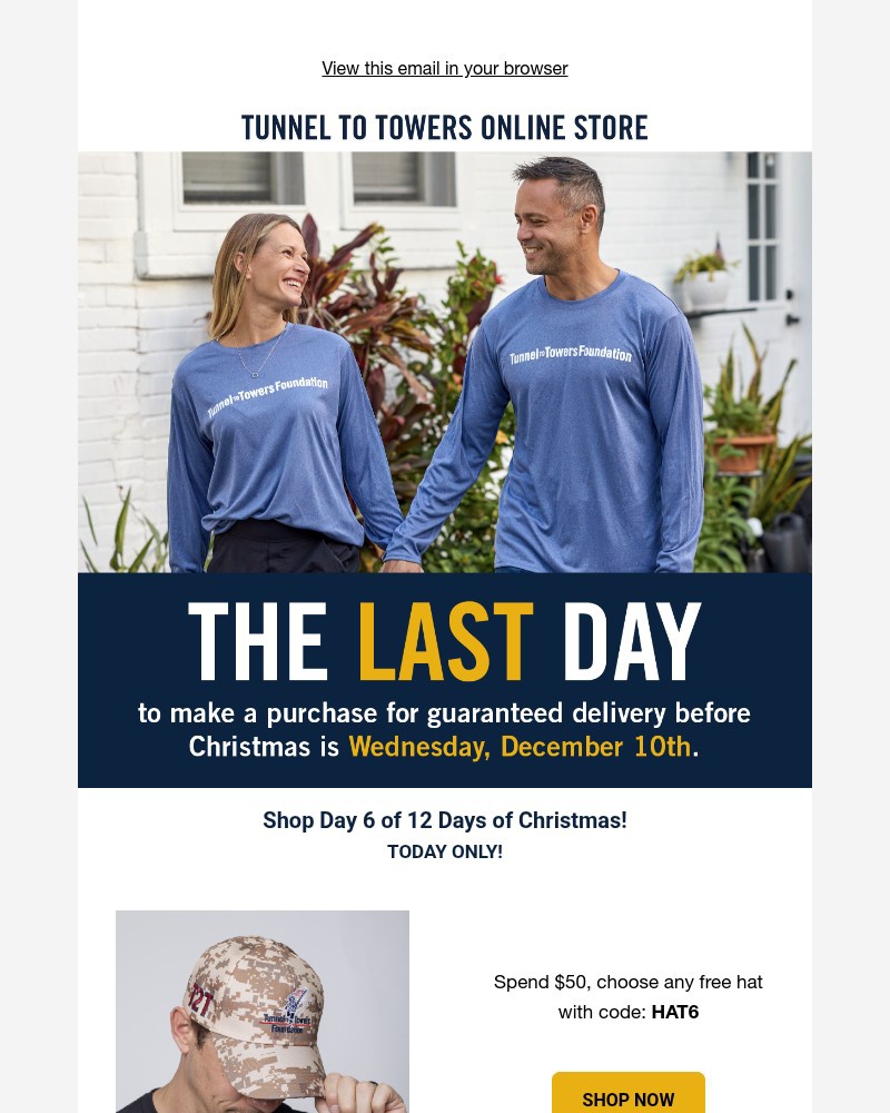 Screenshot of email sent to a Tunnel to Towers Newsletter subscriber