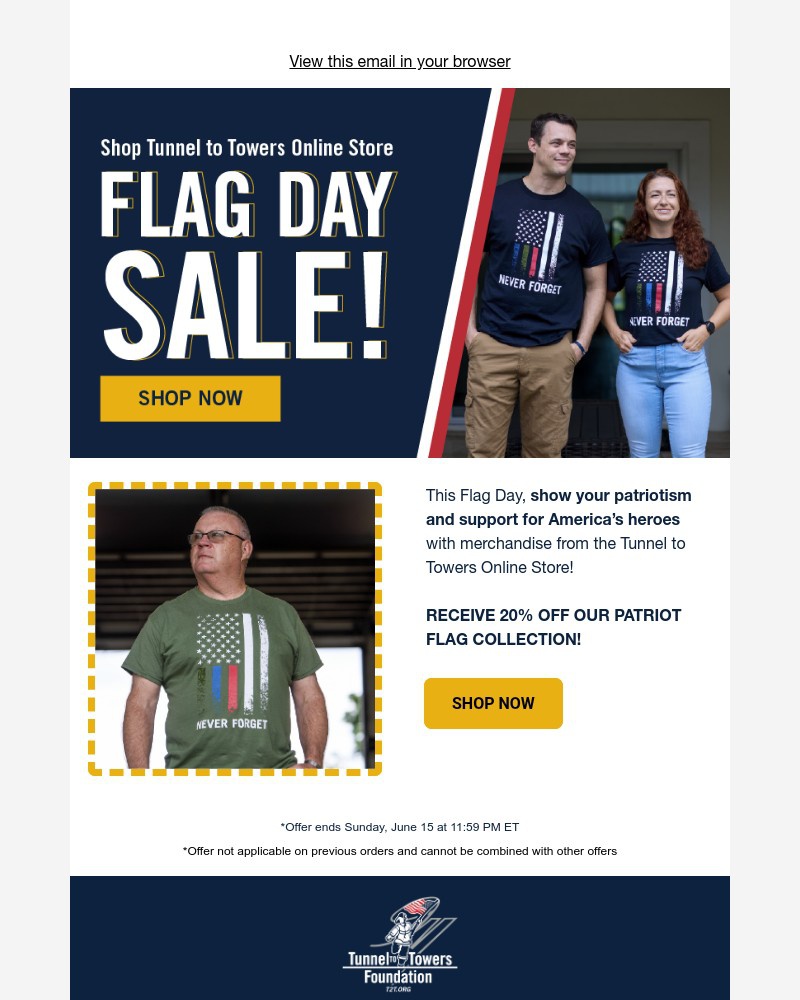 Screenshot of email sent to a Tunnel to Towers Newsletter subscriber