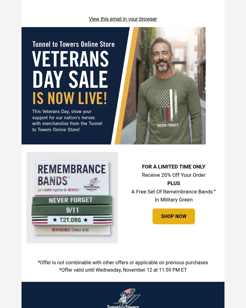 Screenshot of email sent to a Tunnel to Towers Newsletter subscriber