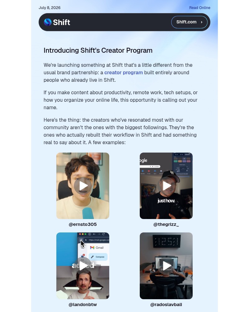 Screenshot of email sent to a Shift Newsletter subscriber
