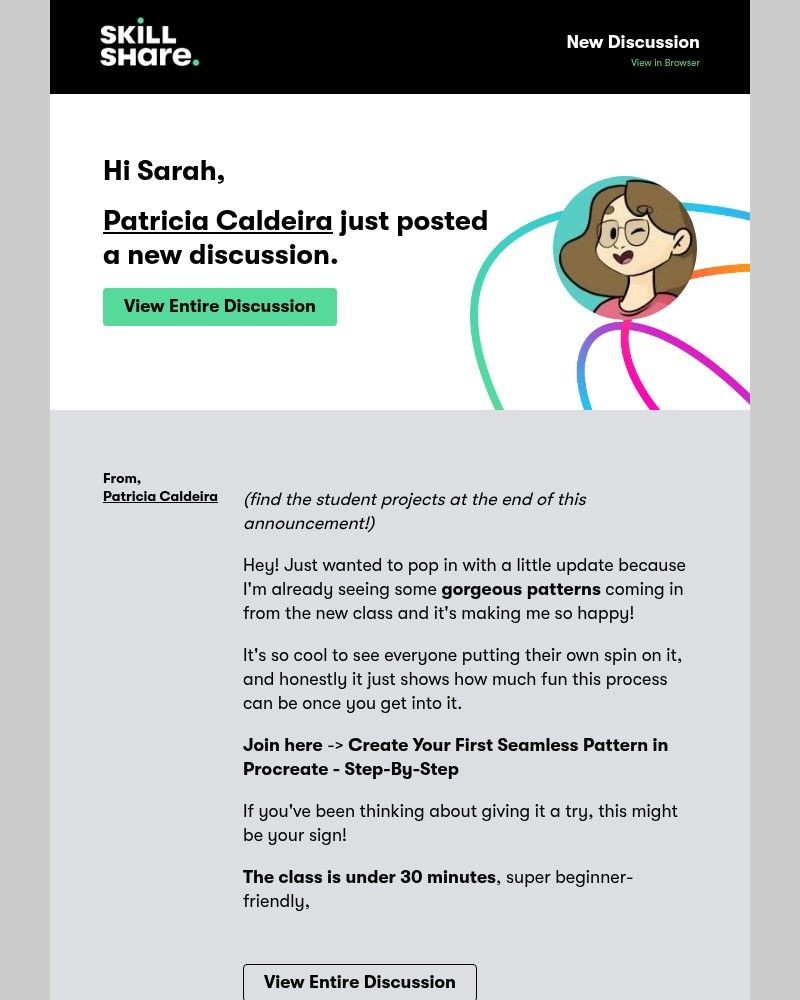 Screenshot of email sent to a Skillshare Registered user