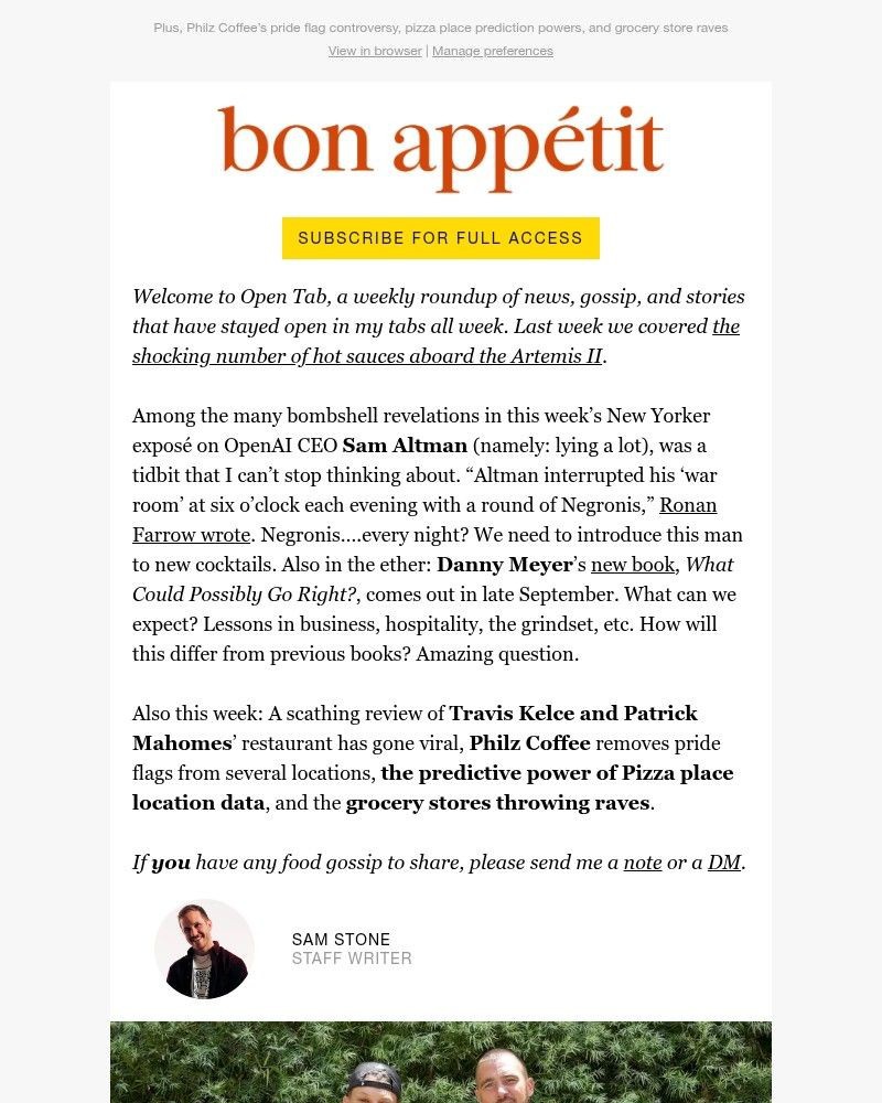 Screenshot of email sent to a Bon Appétit Newsletter subscriber