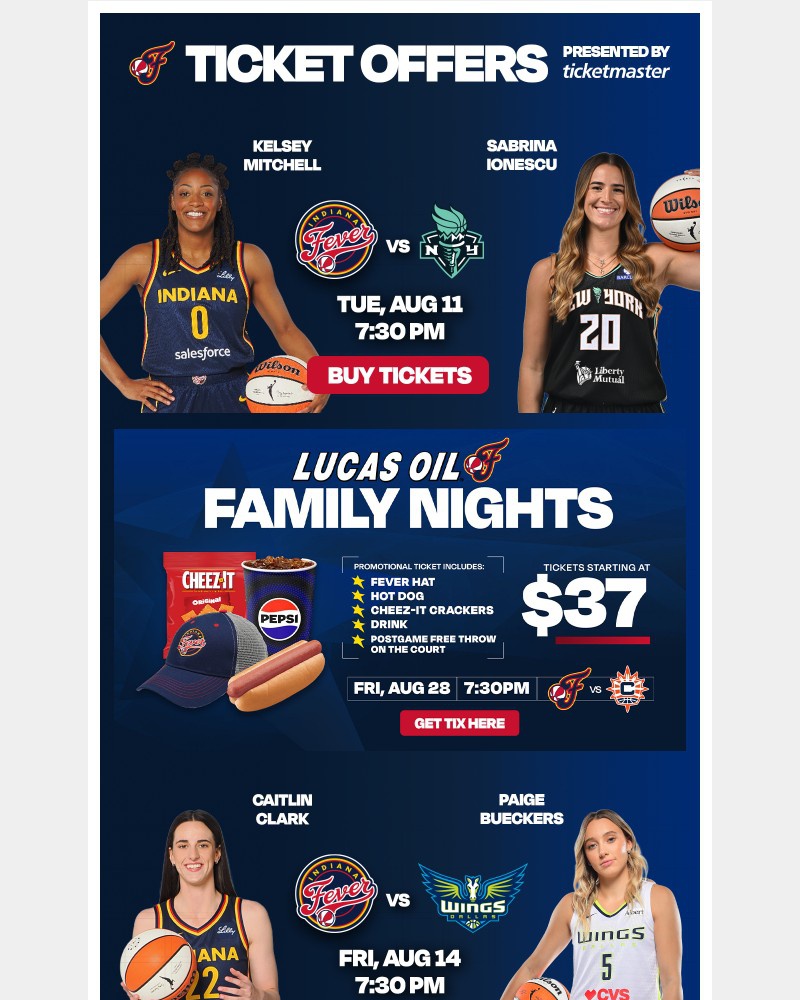 Screenshot of email sent to a Indiana Fever Newsletter subscriber