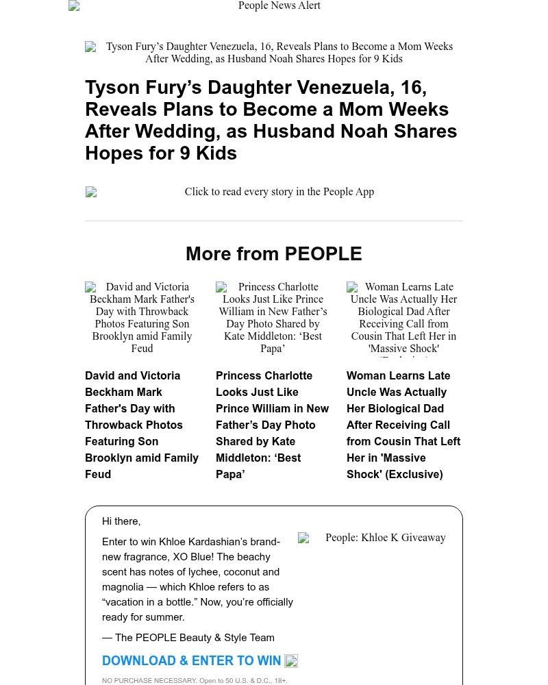 Screenshot of email sent to a People Newsletter subscriber
