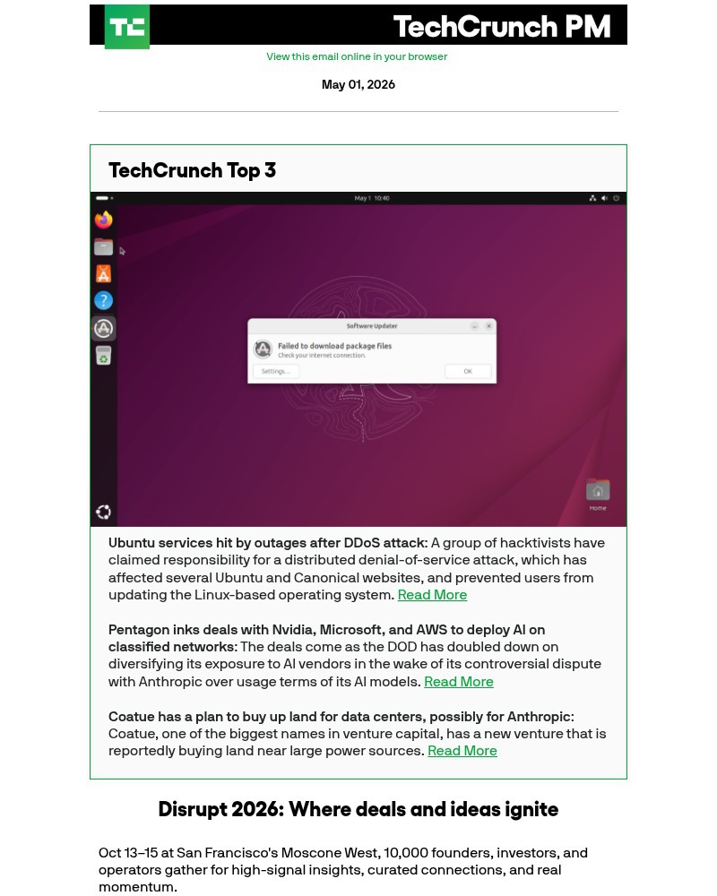 Screenshot of email sent to a Techcrunch Newsletter subscriber
