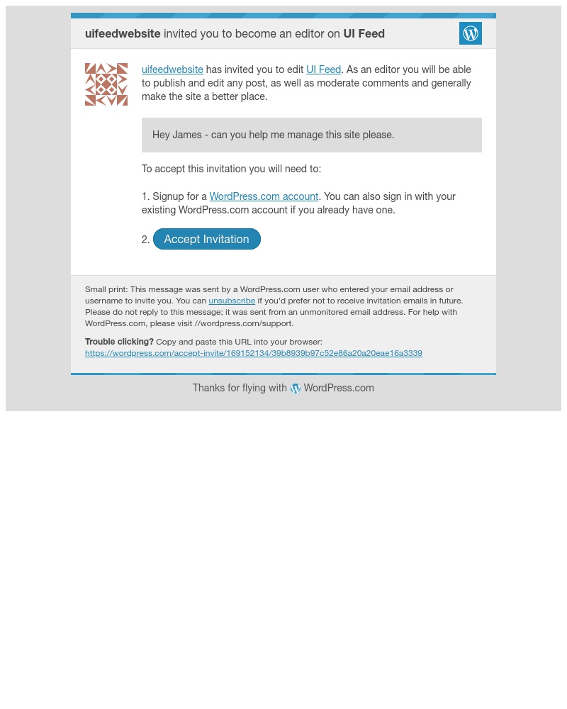 Screenshot of email sent to a WordPress Invited user