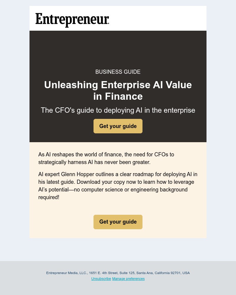 Screenshot of email sent to a Entrepreneur Newsletter subscriber