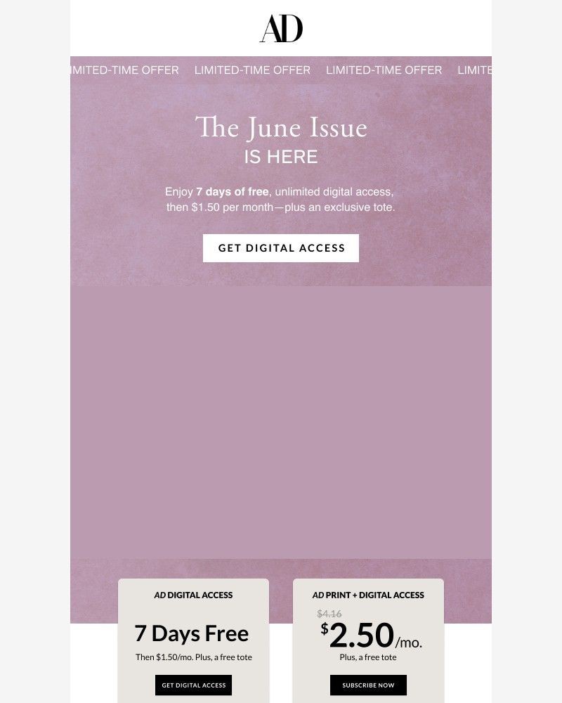 Screenshot of email sent to a Architectural Digest Newsletter subscriber