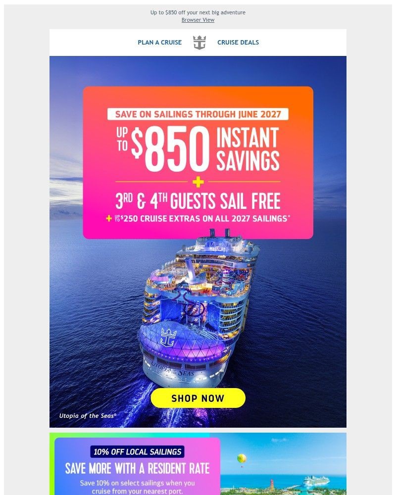 Screenshot of email sent to a Royal Caribbean Cruises Newsletter subscriber