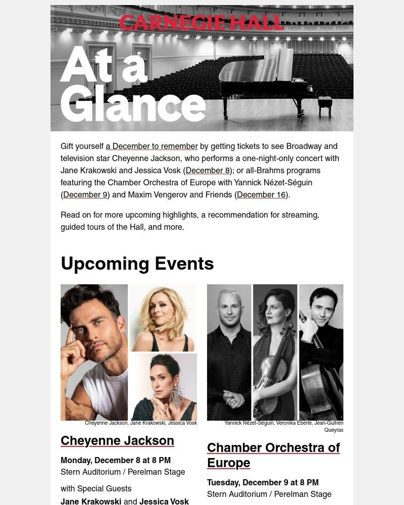 Screenshot of email sent to a Carnegie Hall Newsletter subscriber