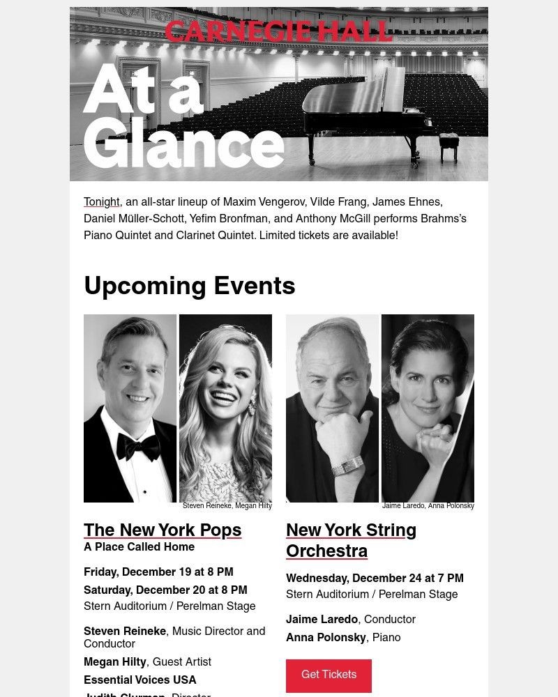 Screenshot of email sent to a Carnegie Hall Newsletter subscriber
