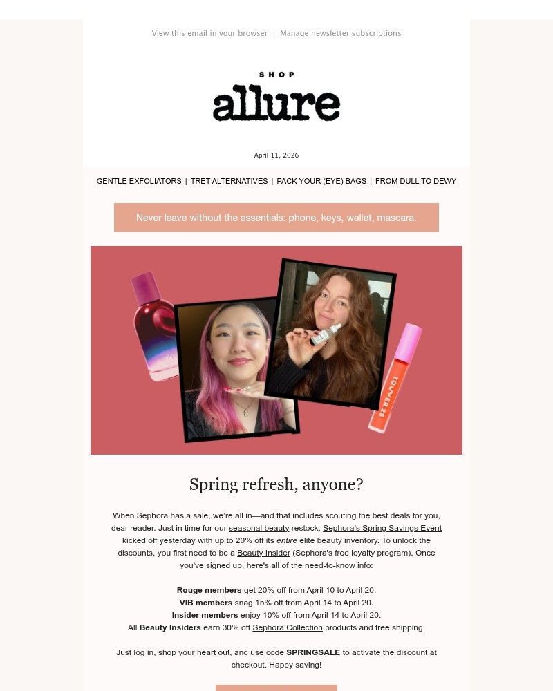 Screenshot of email sent to a allure Newsletter subscriber