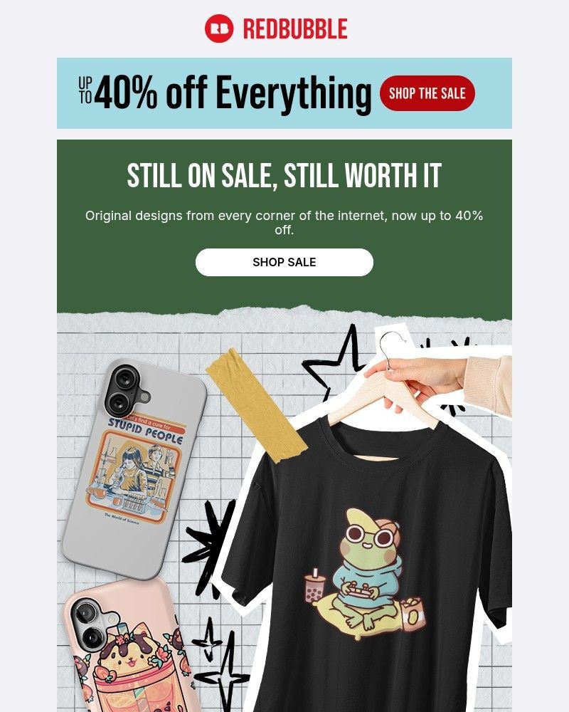 Screenshot of email with subject /media/emails/up-to-40-off-tees-stickers-notebooks-490c35-cropped-31d3cac4.jpg
