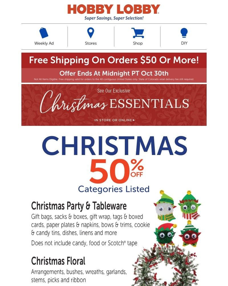 Screenshot of email sent to a Hobby Lobby Newsletter subscriber