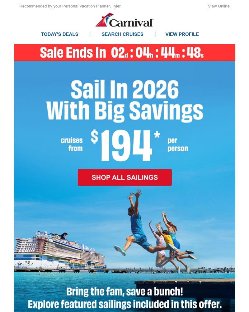 Screenshot of email sent to a Carnival Cruise Line Registered user