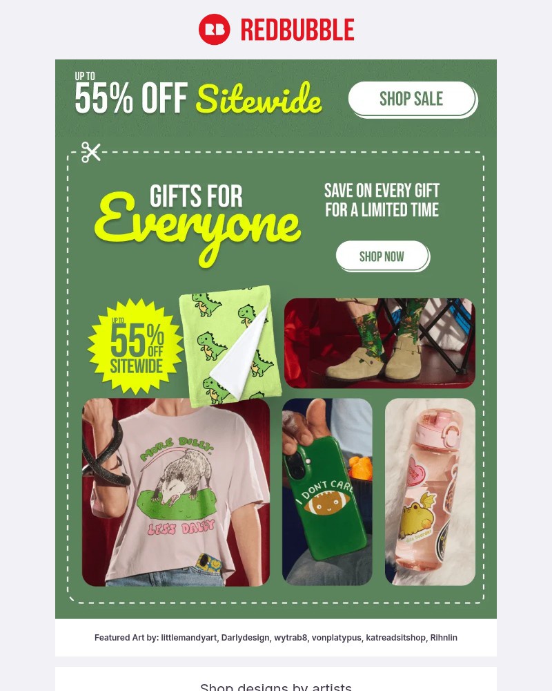 Screenshot of email sent to a Redbubble Newsletter subscriber