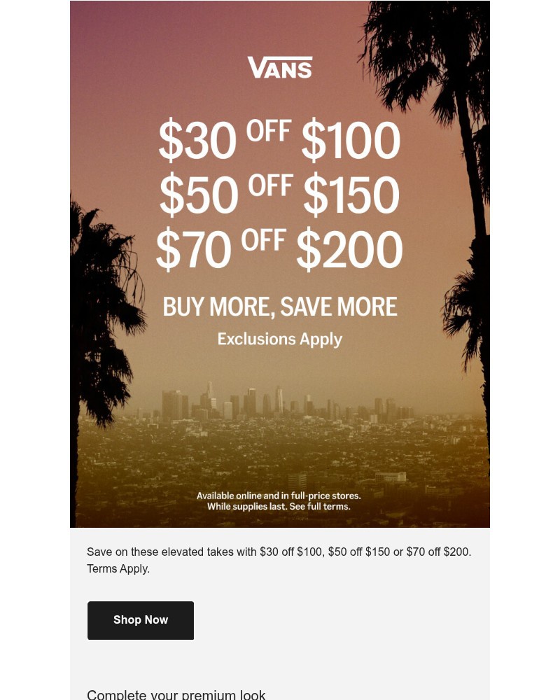 Screenshot of email sent to a Vans Registered user