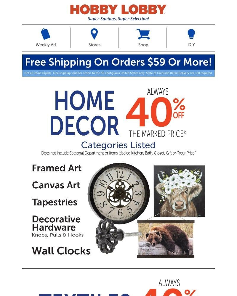 Screenshot of email sent to a Hobby Lobby Newsletter subscriber