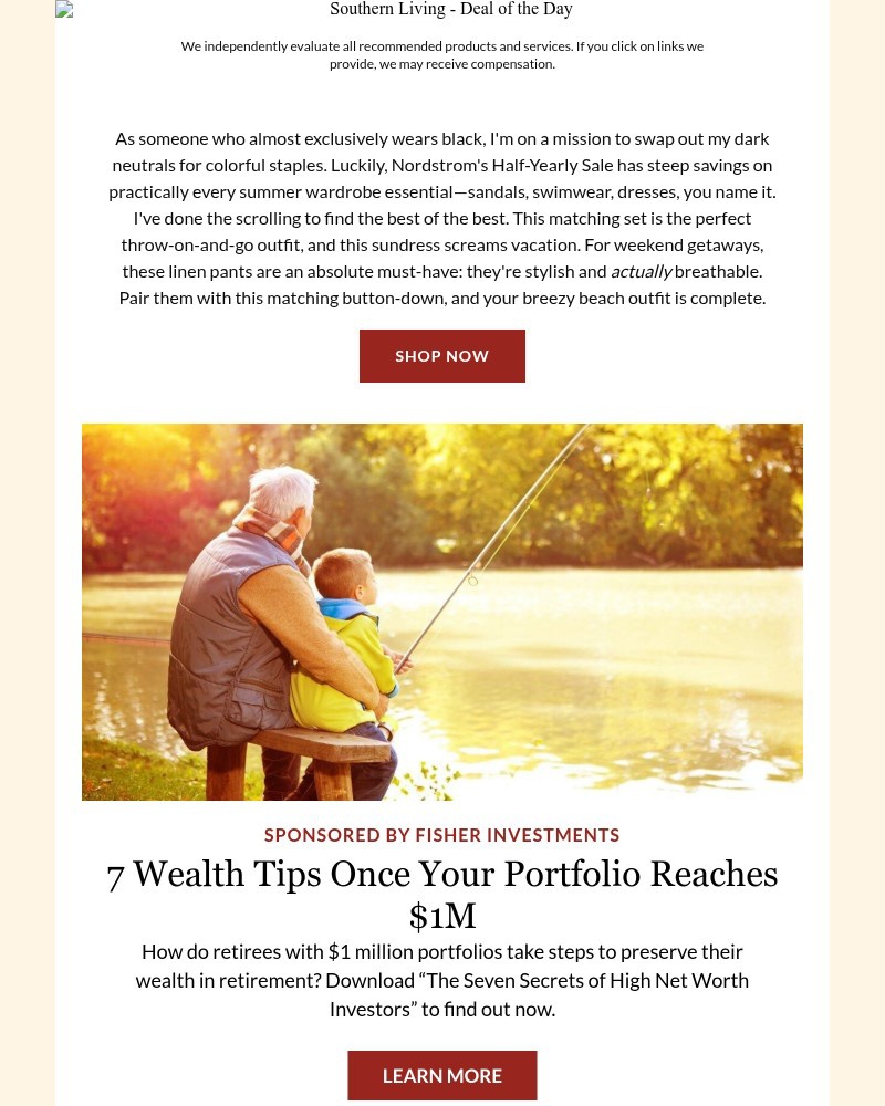 Screenshot of email sent to a Southern Living Newsletter subscriber