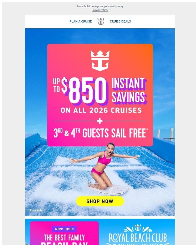 Screenshot of email sent to a Royal Caribbean Cruises Newsletter subscriber