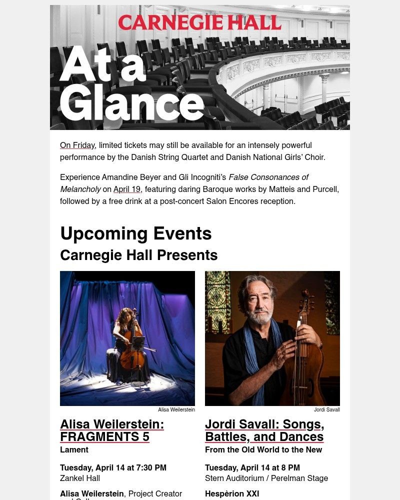 Screenshot of email sent to a Carnegie Hall Newsletter subscriber