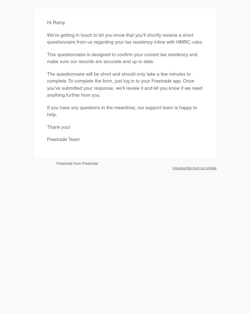 Screenshot of email sent to a Freetrade Registered user