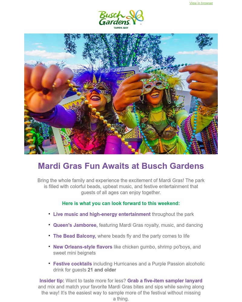 Screenshot of email sent to a Busch Gardens Newsletter subscriber