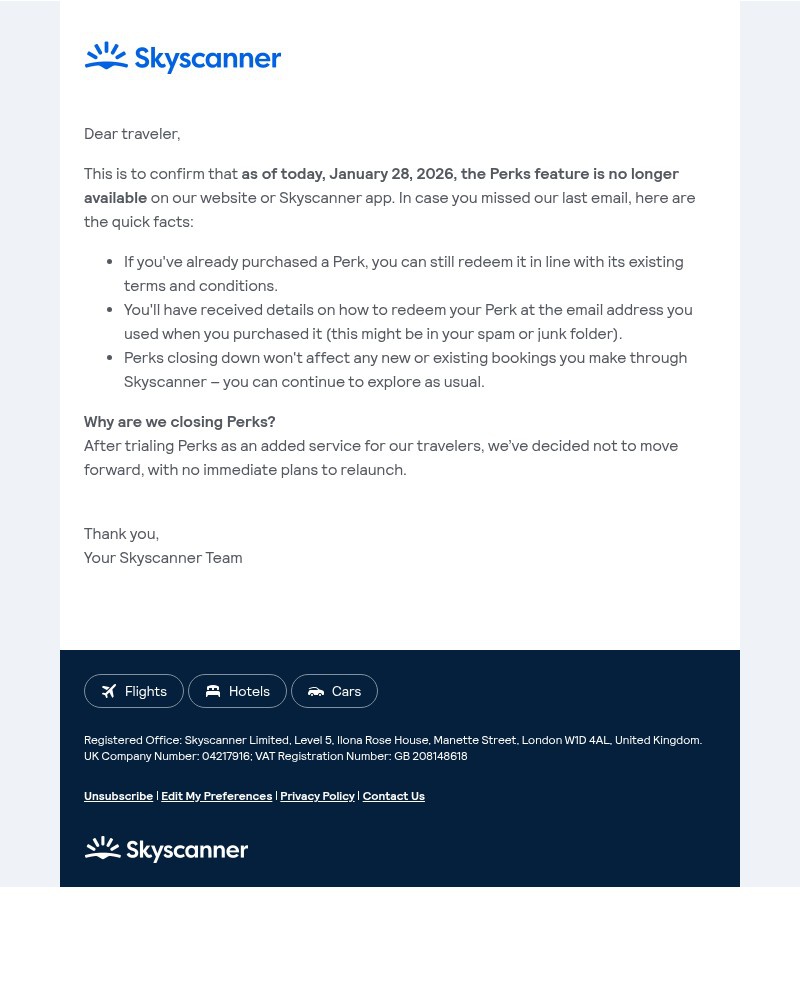 Screenshot of email sent to a Skyscanner Registered user