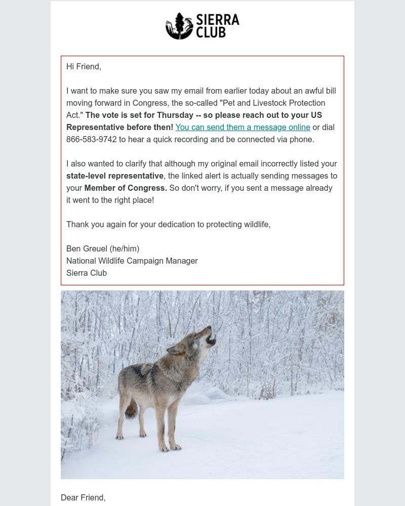 Screenshot of email sent to a Sierra Club Newsletter subscriber