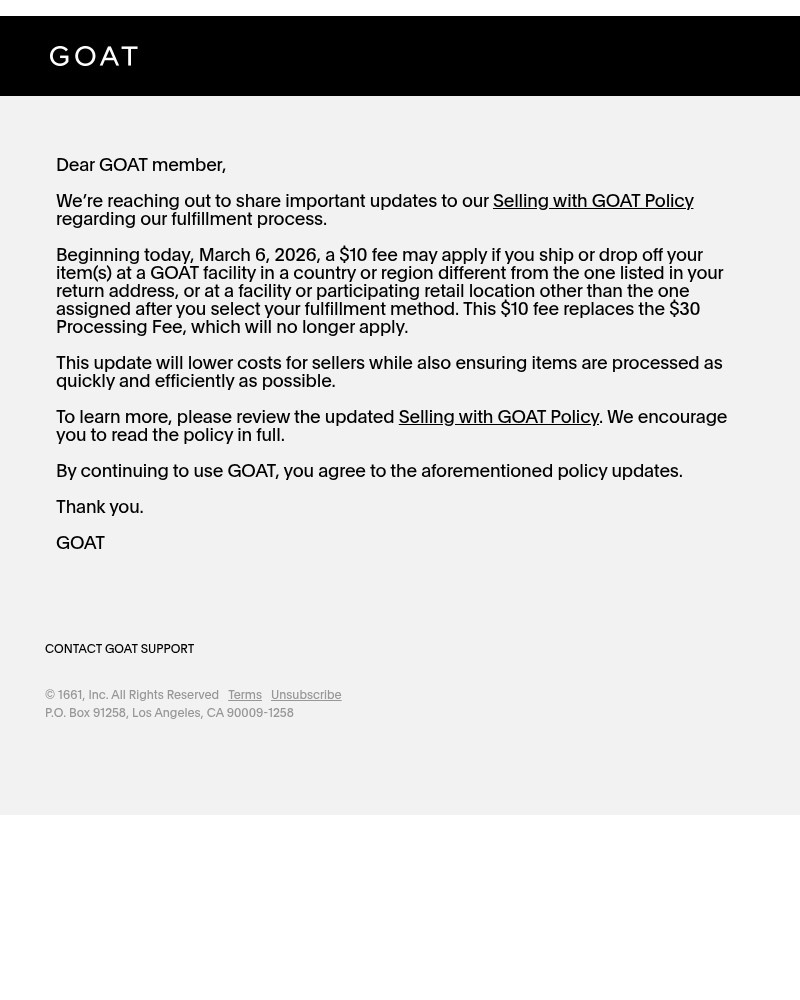 Screenshot of email sent to a Goat Registered user