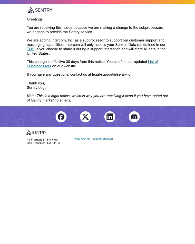 Screenshot of email sent to a Sentry Trial user