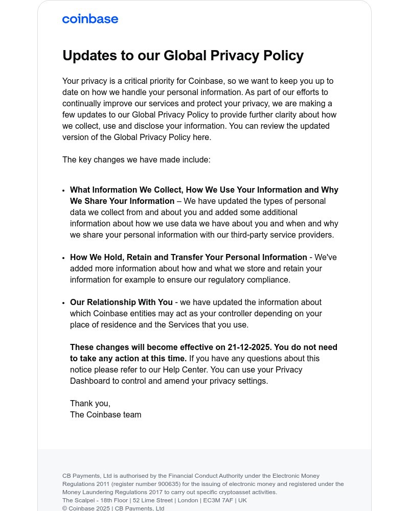 Screenshot of email sent to a Coinbase Registered user