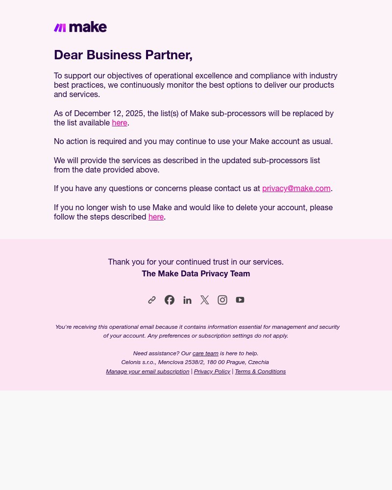 Screenshot of email sent to a Make Trial user