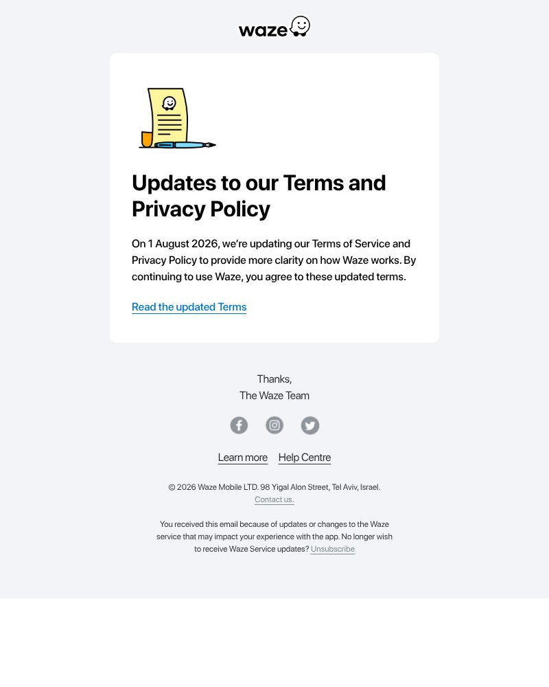 Screenshot of email sent to a Waze Registered user