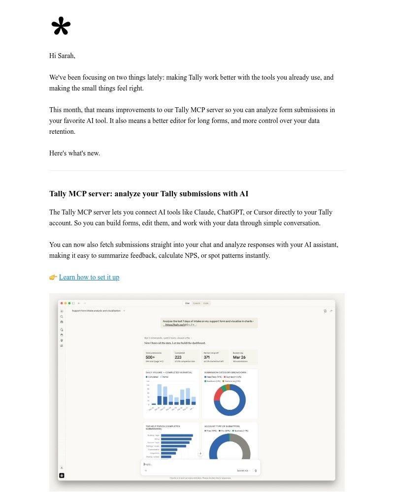 Screenshot of email sent to a Tally Registered user