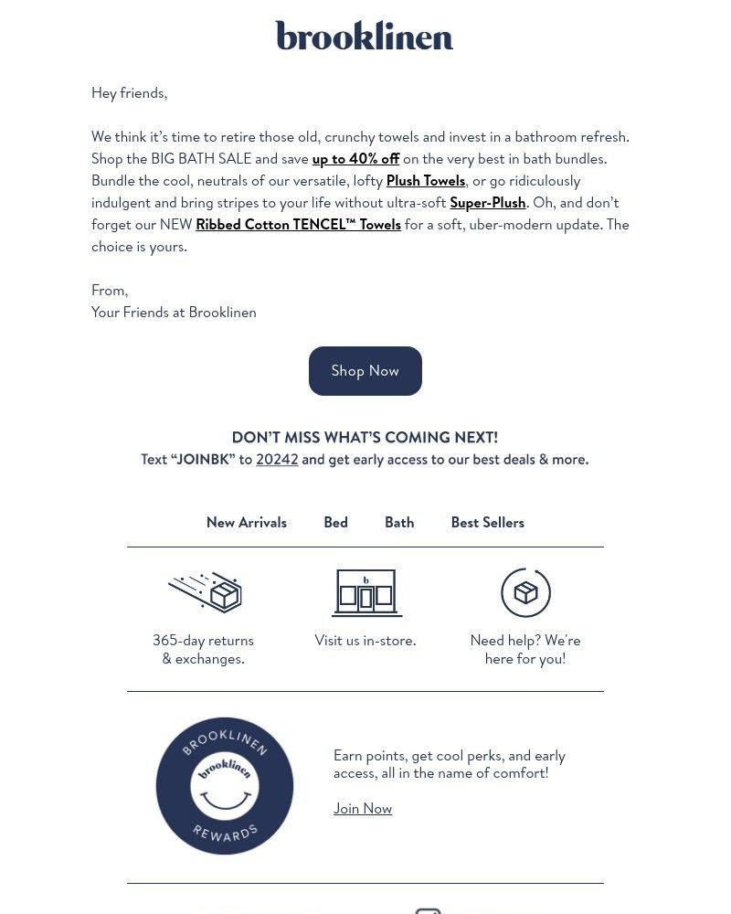 Screenshot of email sent to a Brooklinen Newsletter subscriber