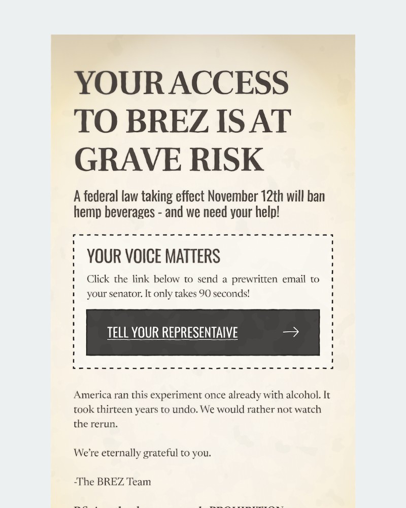 Screenshot of email sent to a Brez Newsletter subscriber