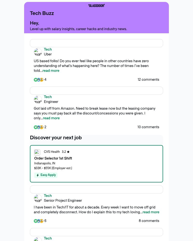 Screenshot of email sent to a Glassdoor Registered user