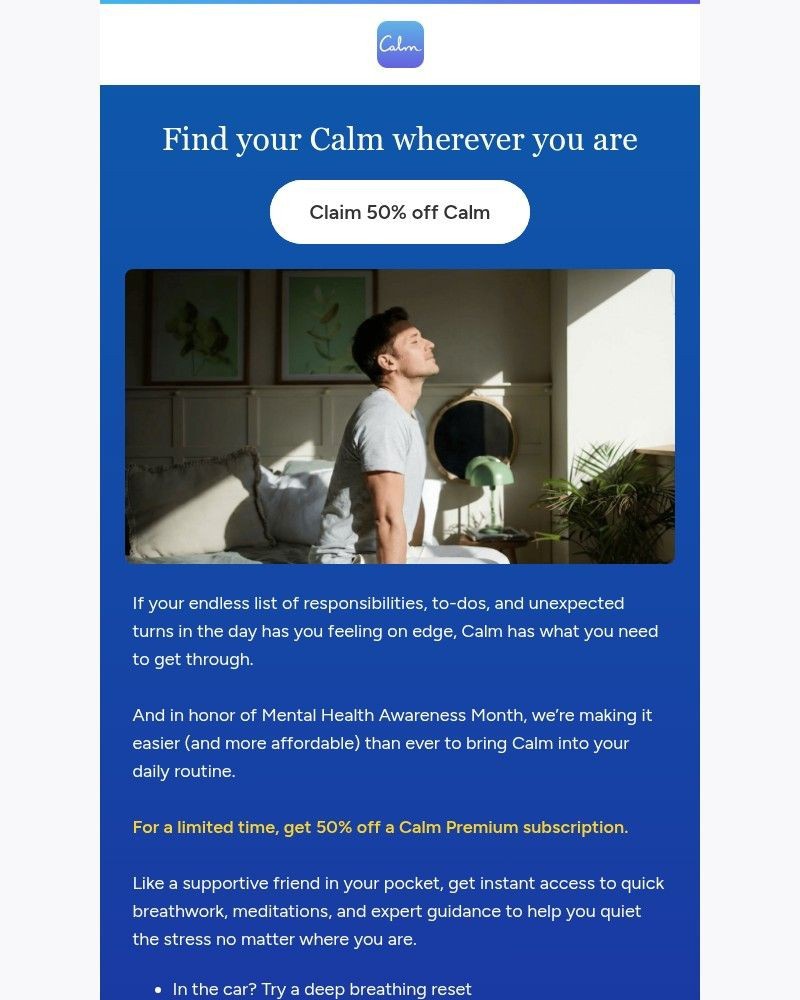 Screenshot of email sent to a Calm Registered user