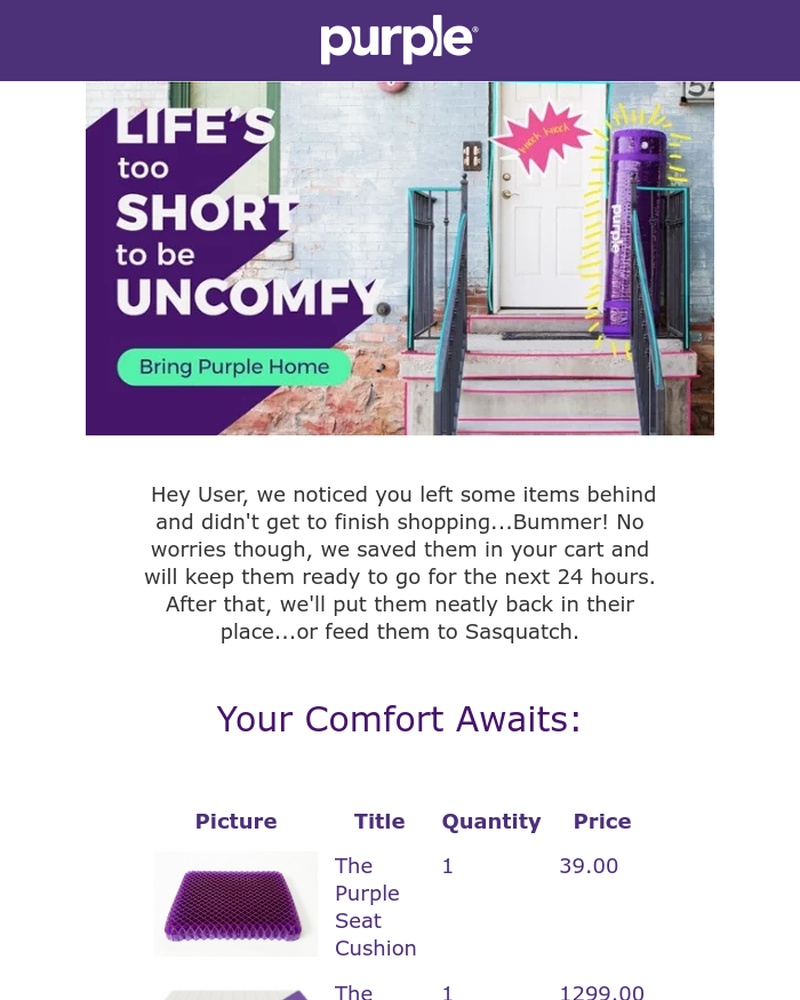 Screenshot of email sent to a Purple Cart abandoner