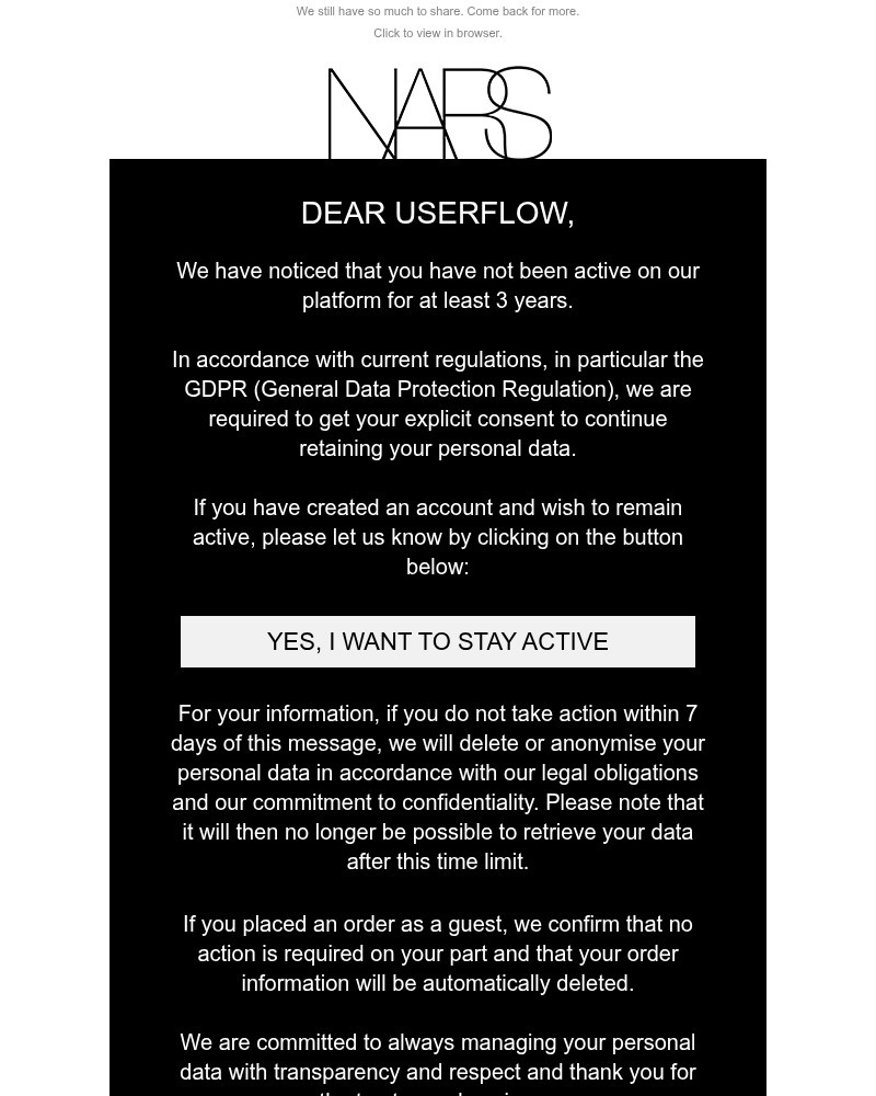 Screenshot of email sent to a Nars Cosmetics Newsletter subscriber