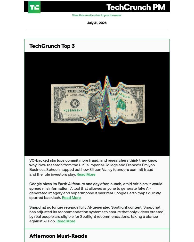 Screenshot of email sent to a Techcrunch Newsletter subscriber