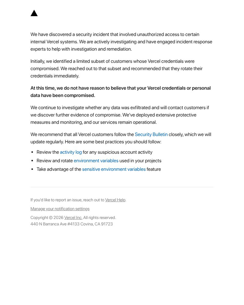 Screenshot of email sent to a Vercel Registered user