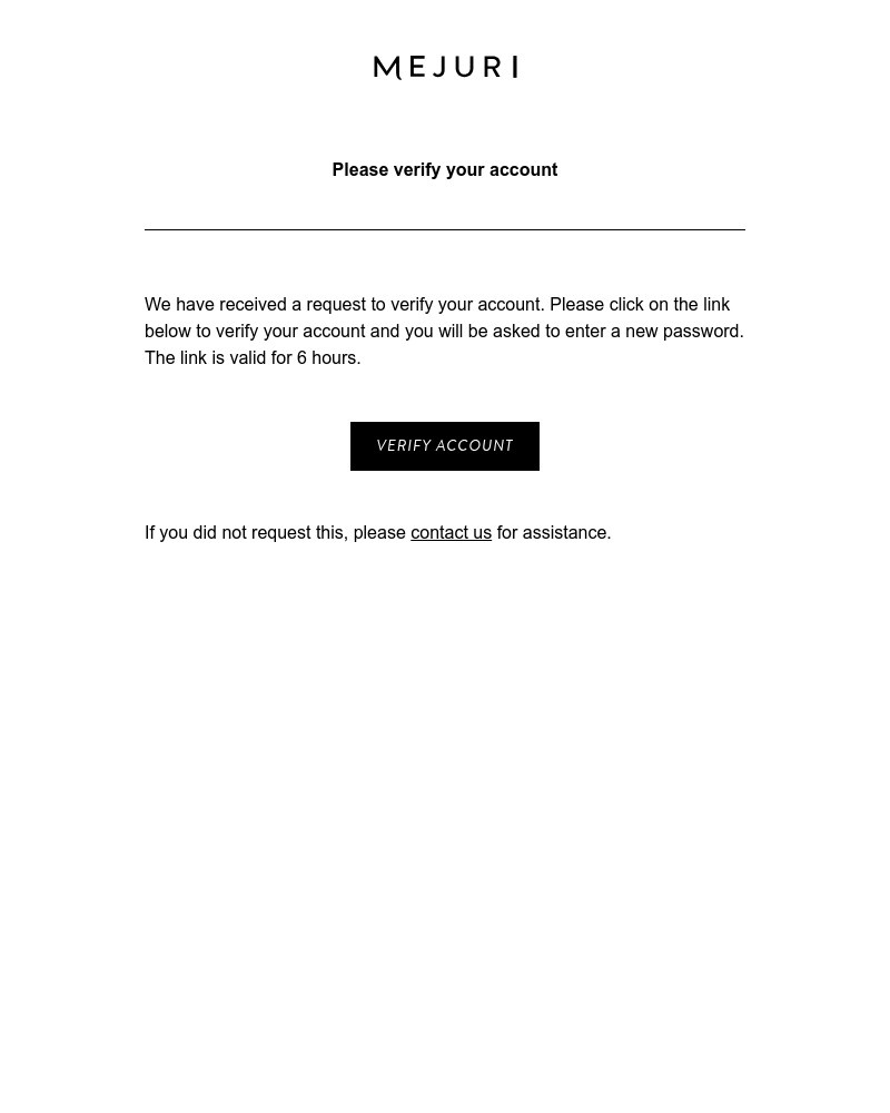 Screenshot of email sent to a Mejuri Registered user