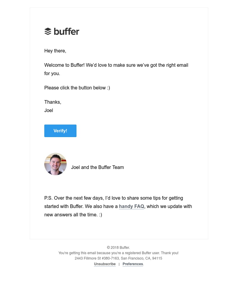 Screenshot of email sent to a Buffer Registered user