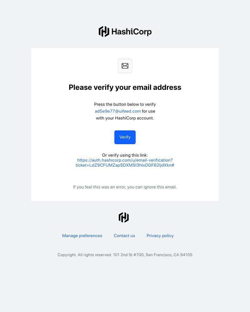 Screenshot of email sent to a HashiCorp Registered user