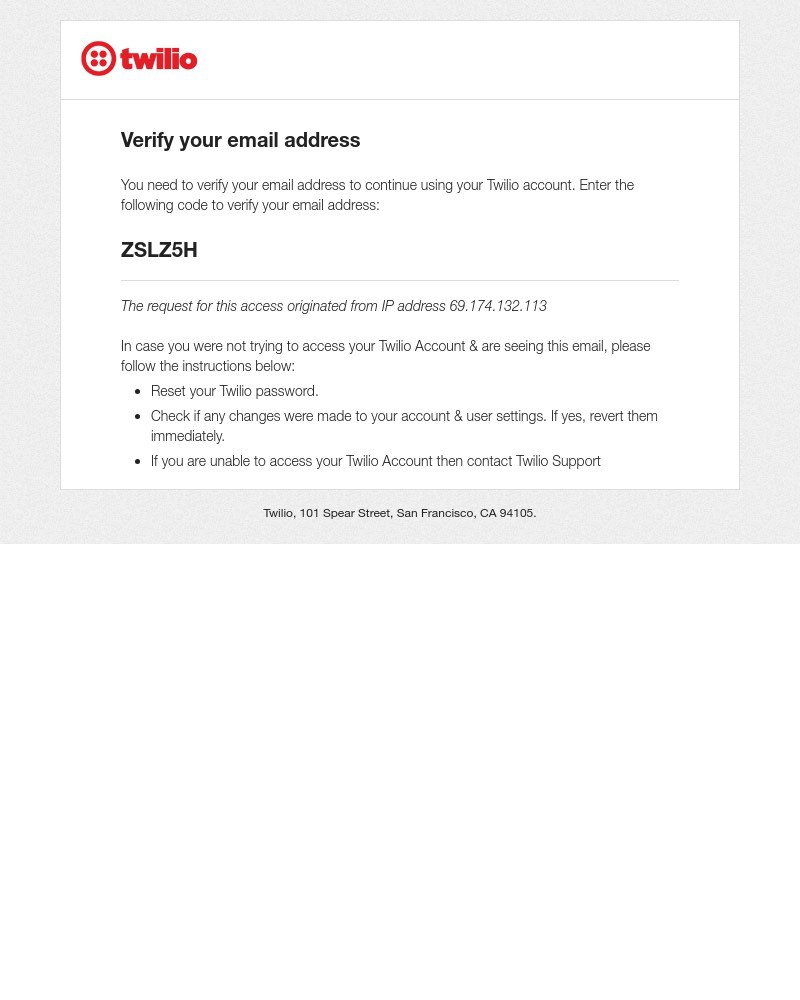 Screenshot of email sent to a Twilio Trial user