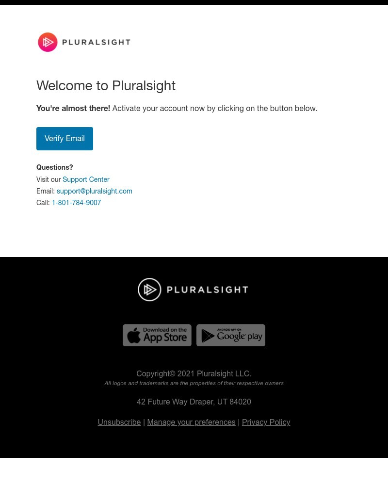 Screenshot of email sent to a Pluralsight Trial user