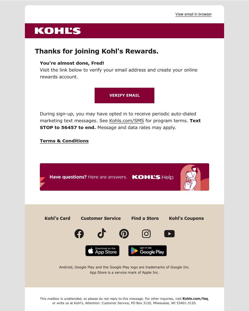 Screenshot of email sent to a Kohls Registered user