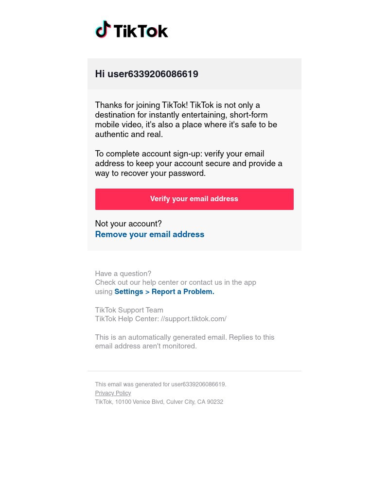 Screenshot of email sent to a TikTok Registered user